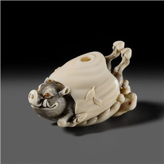 A Superb Mammoth Tusk Netsuke of a Boar and Rabbit - Noriyoshi Tachihara
