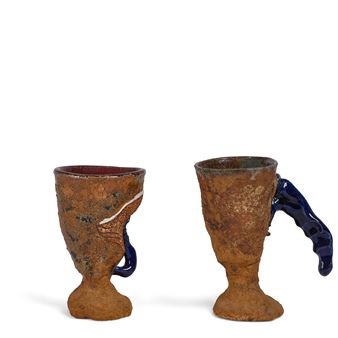 Pair of Goblets
circa 1970
partially-glazed and incised hand-built stoneware
height of tallest 6 1/4in (16cm); widest width 5in (12cm - Robert Carston Arneson
