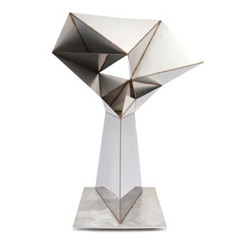 A geometric sculpture featuring a metallic base and an abstract, faceted upper structure.