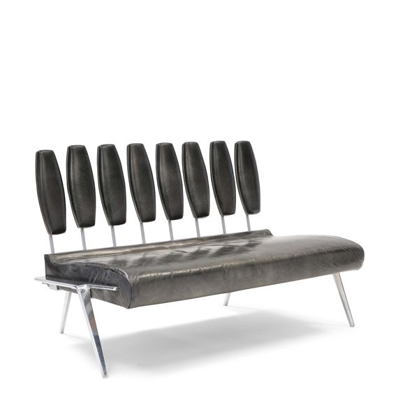 Rare Sofa1964created for the General Motors Futurama Pavilion at the 1964-1965 New York World's Fair, chrome-plated steel, original car leather, with Knoll Associates Inc. paper label on undersideheight 27in (69cm); width 44in (112cm); depth 27in (69cm by Knoll Associates, 1964-1965