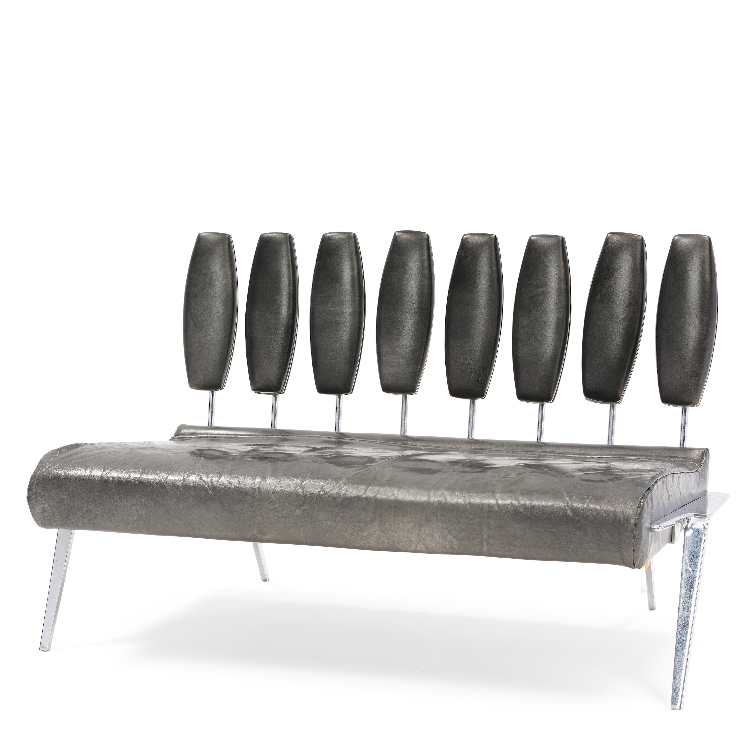 Artwork by Knoll Associates, Rare Sofa1964created for the General Motors Futurama Pavilion at the 1964-1965 New York World's Fair, chrome-plated steel, original car leather, with Knoll Associates Inc. paper label on undersideheight 27in (69cm); width 44in (112cm); depth 27in (69cm, Made of chrome-plated steel