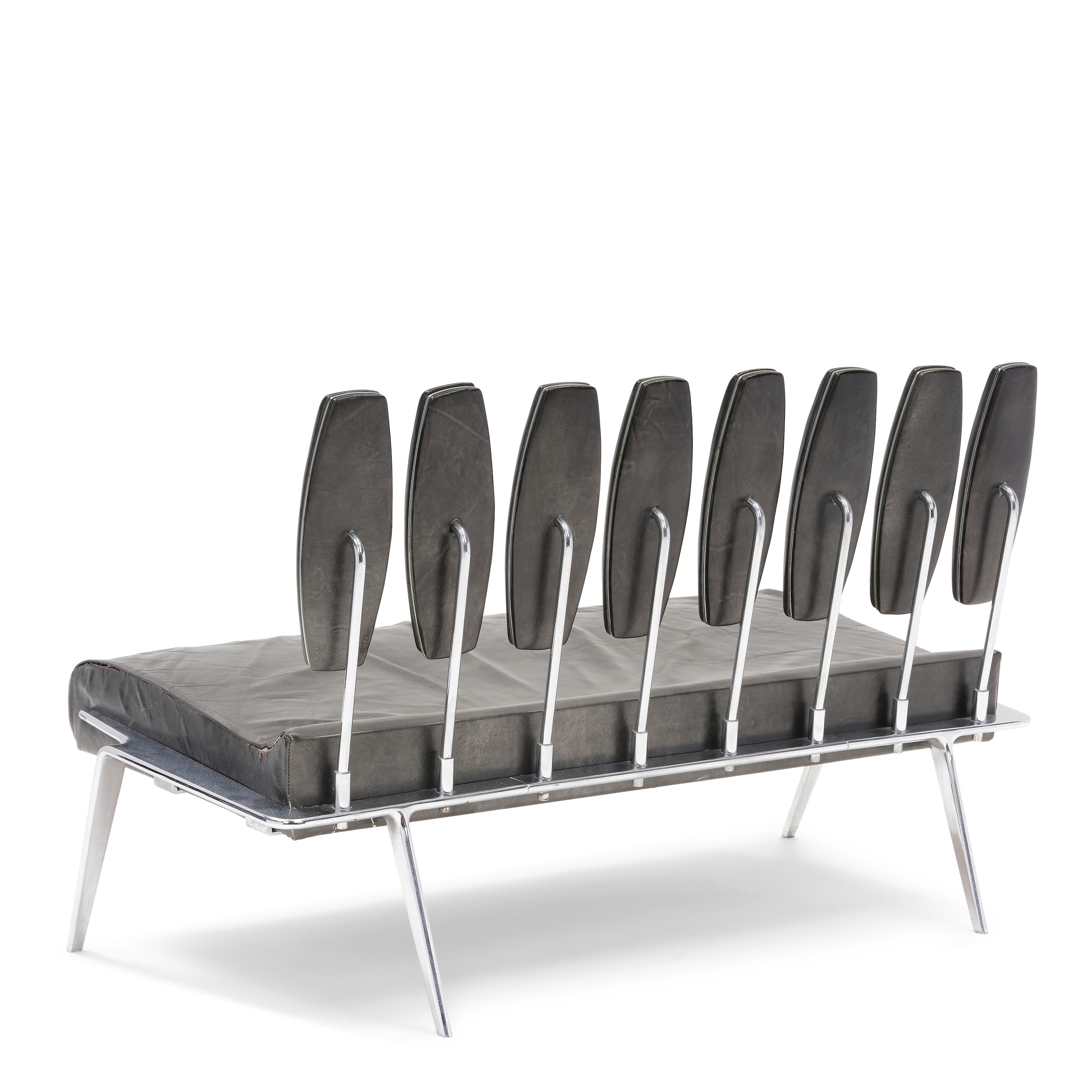 Artwork by Knoll Associates, Rare Sofa1964created for the General Motors Futurama Pavilion at the 1964-1965 New York World's Fair, chrome-plated steel, original car leather, with Knoll Associates Inc. paper label on undersideheight 27in (69cm); width 44in (112cm); depth 27in (69cm, Made of chrome-plated steel