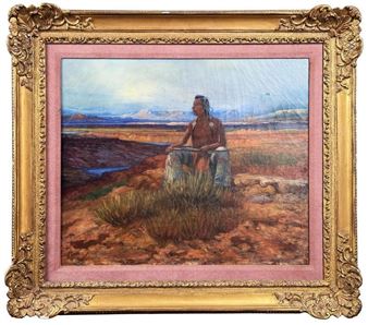 A framed painting of a solitary figure sitting on a rocky outcrop overlooking a vast, arid landscape.