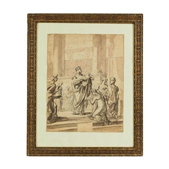 A classical drawing of figures in a temple-like setting, framed in ornate gold.