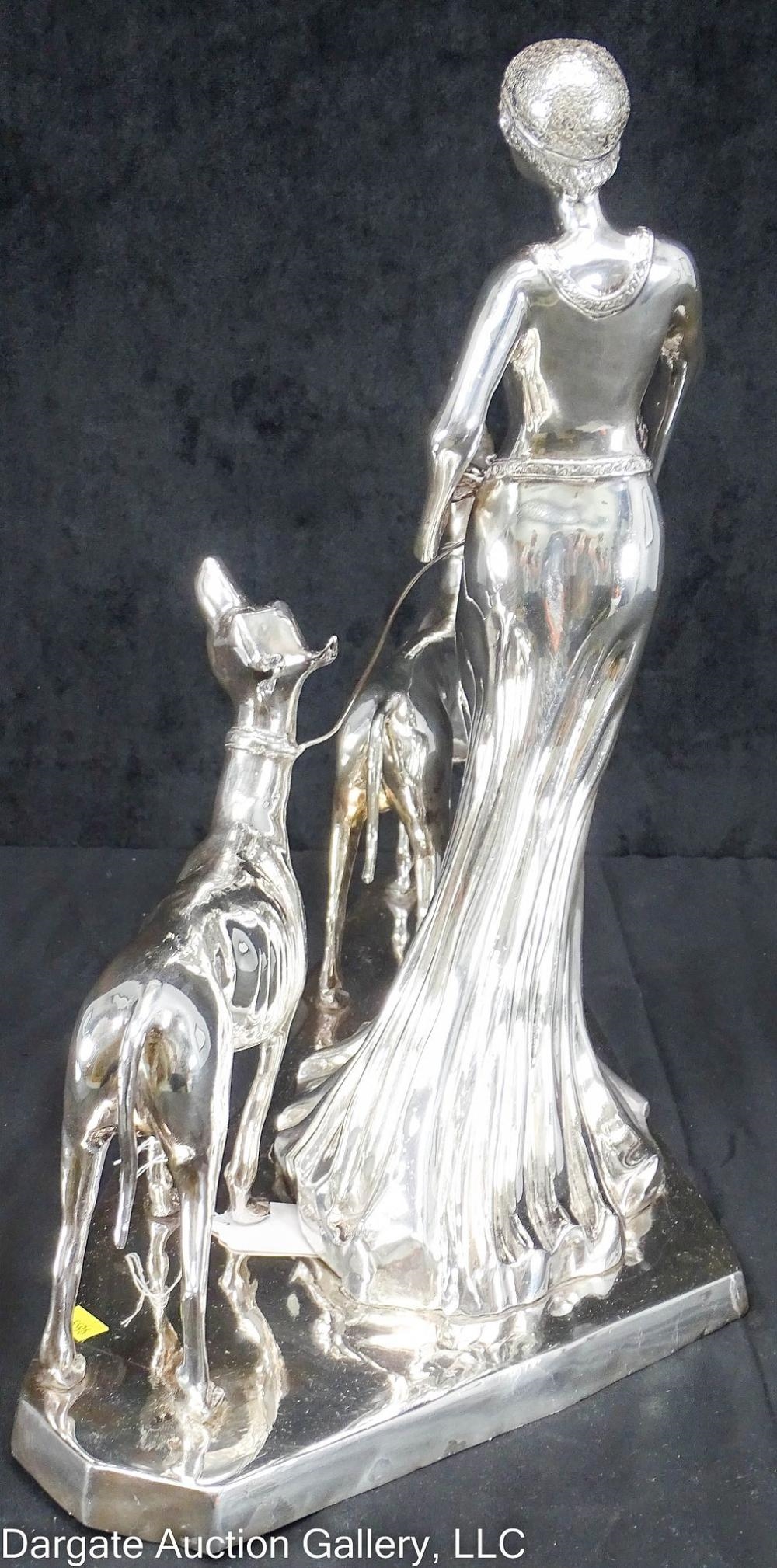 Artwork by Erté, STERLING ERTE STYLE LADY w/ GREYHOUNDS SCULPTURE, Made of Sterling Silver