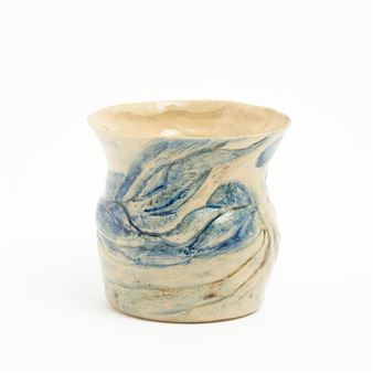 A MERRIC BOYD VASE WITH RAISED BLUE GLAZED TREE AND LANDSCAPE - Merric Boyd