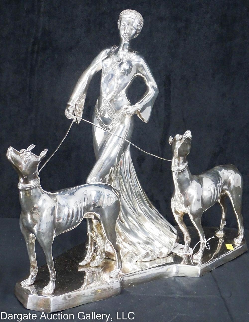 Artwork by Erté, STERLING ERTE STYLE LADY w/ GREYHOUNDS SCULPTURE, Made of Sterling Silver