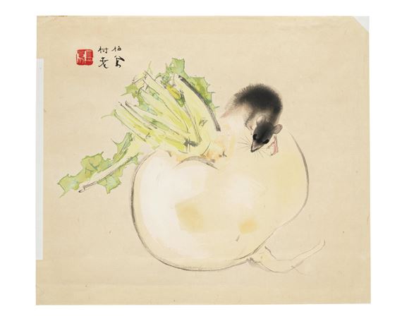 Rat on Turnip; Boat and Reflections of the Moon - Shiokawa Bunrin
