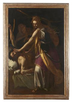 A dramatic Baroque-style painting depicting a figure in robes performing a ritual on a reclining nude subject.