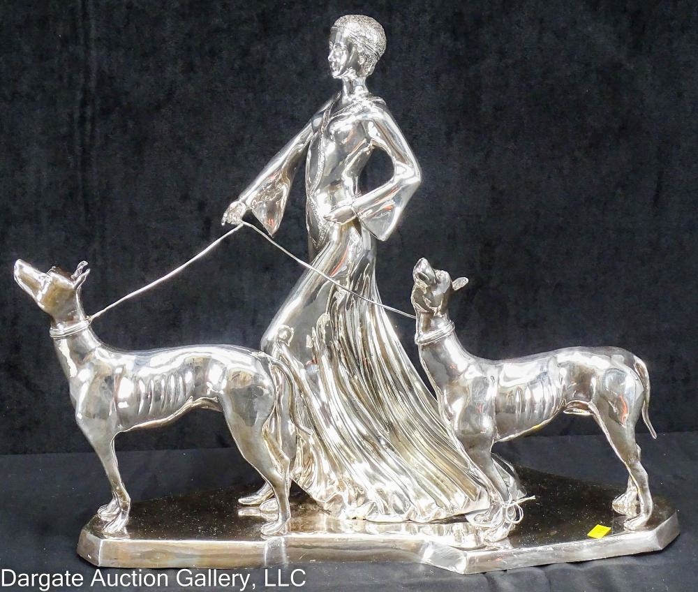 Artwork by Erté, STERLING ERTE STYLE LADY w/ GREYHOUNDS SCULPTURE, Made of Sterling Silver
