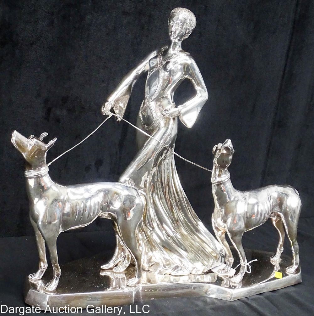 Artwork by Erté, STERLING ERTE STYLE LADY w/ GREYHOUNDS SCULPTURE, Made of Sterling Silver