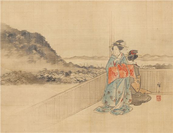 Two Ladies Standing on a Balcony; Fisherman; Beauty and Curtain; Puppeteer and Assistant - Utagawa Hiroshige