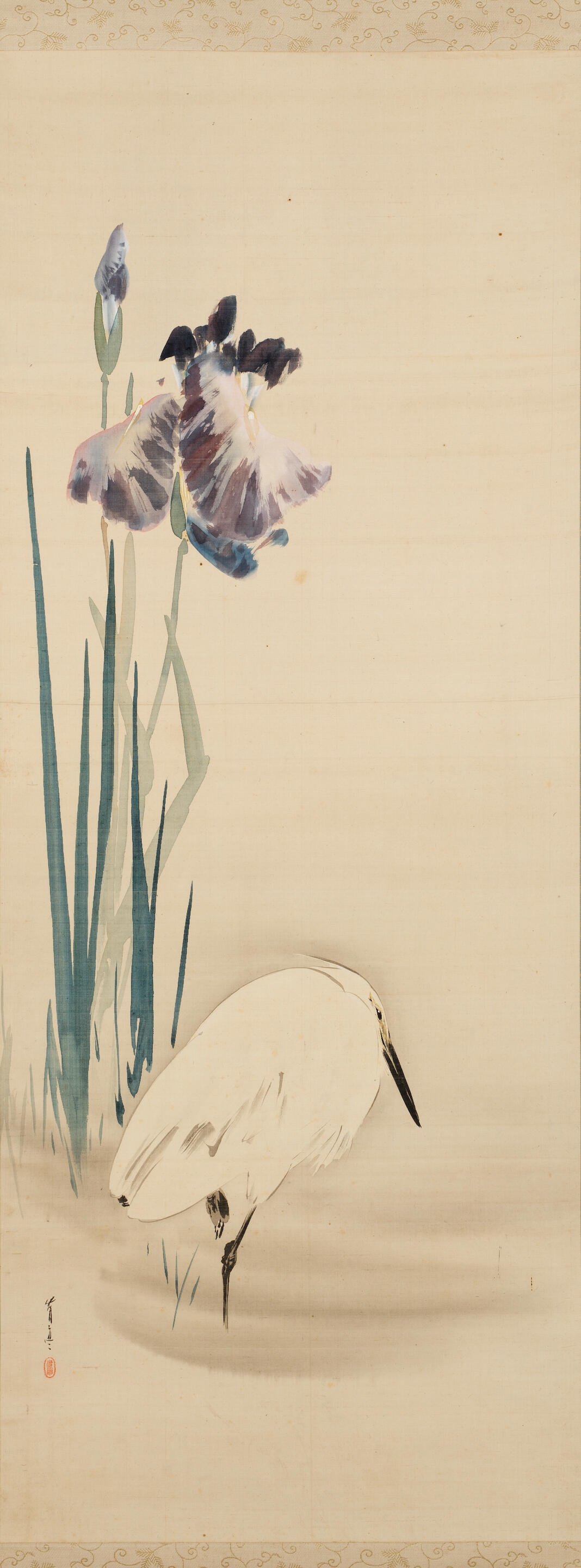 Artwork by Seitei Watanabe, Egret and Iris, Made of Kakejiku (hanging scroll), ink, gofun (powdered calcified shell), and colours on silk in period silk mounts
