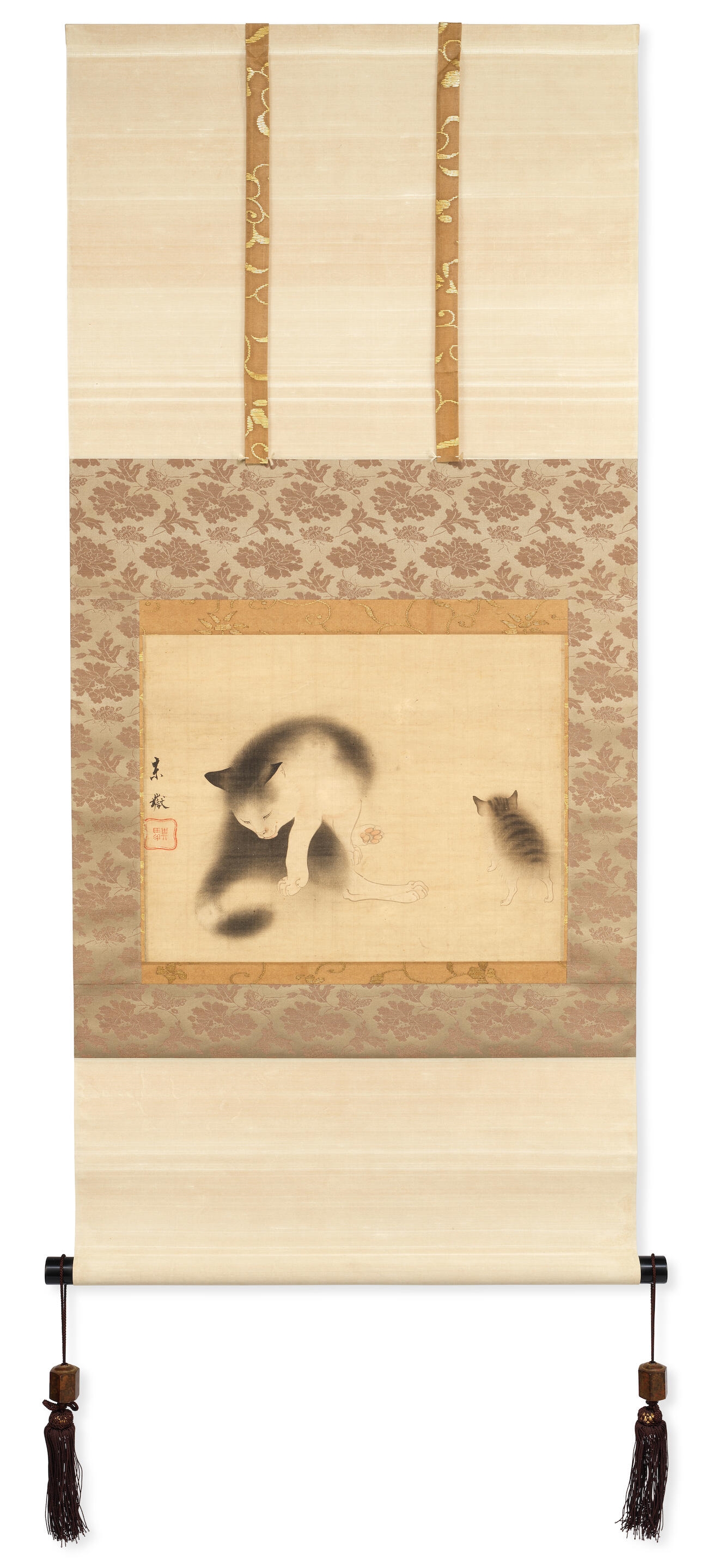 Artwork by Yasuda Denki, Cat and Kitten, Made of Kakejiku (hanging scroll), ink and slight colours on silk in silk mounts