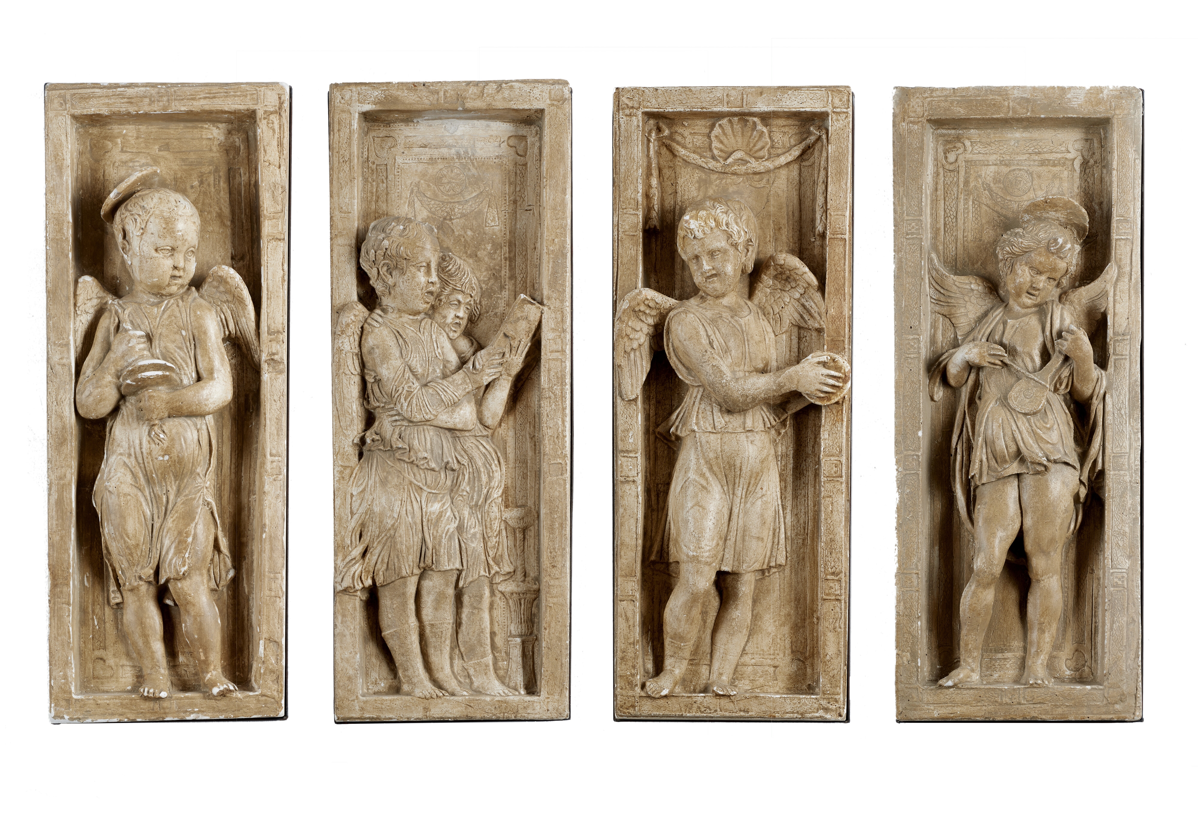 Artwork by Donatello, After Donatello. Group of four patinated plaster panels, from the model of the Altar of the Saint, Made of patinated plaster panels