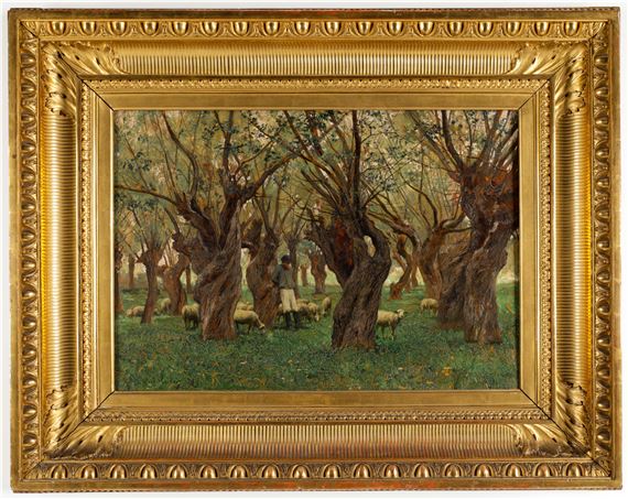 Ein Hirte mit seiner Herde unter Weiden - Carl Rudolf Huber