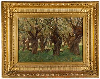 Ein Hirte mit seiner Herde unter Weiden - Carl Rudolf Huber