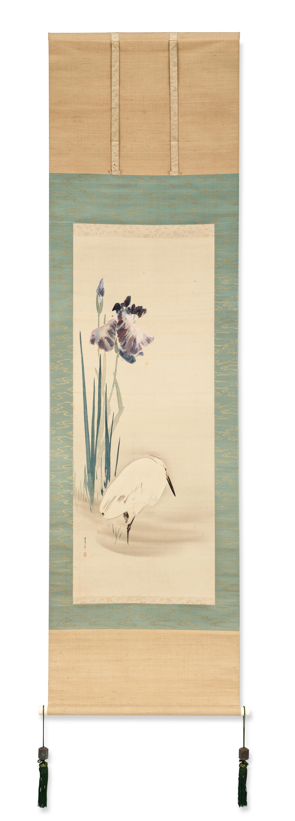 Artwork by Seitei Watanabe, Egret and Iris, Made of Kakejiku (hanging scroll), ink, gofun (powdered calcified shell), and colours on silk in period silk mounts