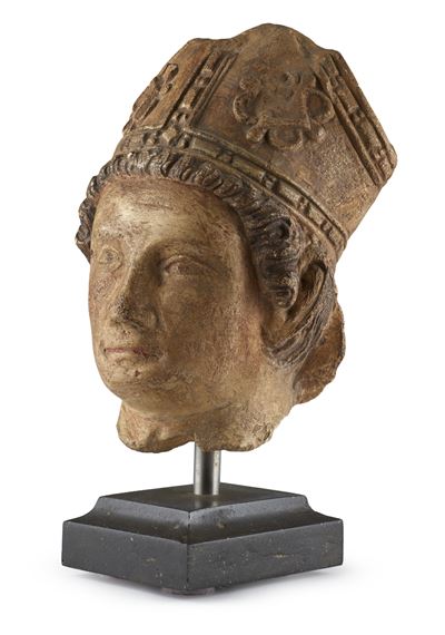 15th-century French artist Head of a Bishop limestone sculpture with traces of polychromy - French School, 15th Century