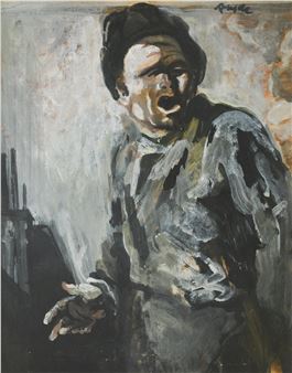 A raw, expressive portrait of a figure in a dark hat with an open mouth, rendered in thick, gestural brushstrokes.