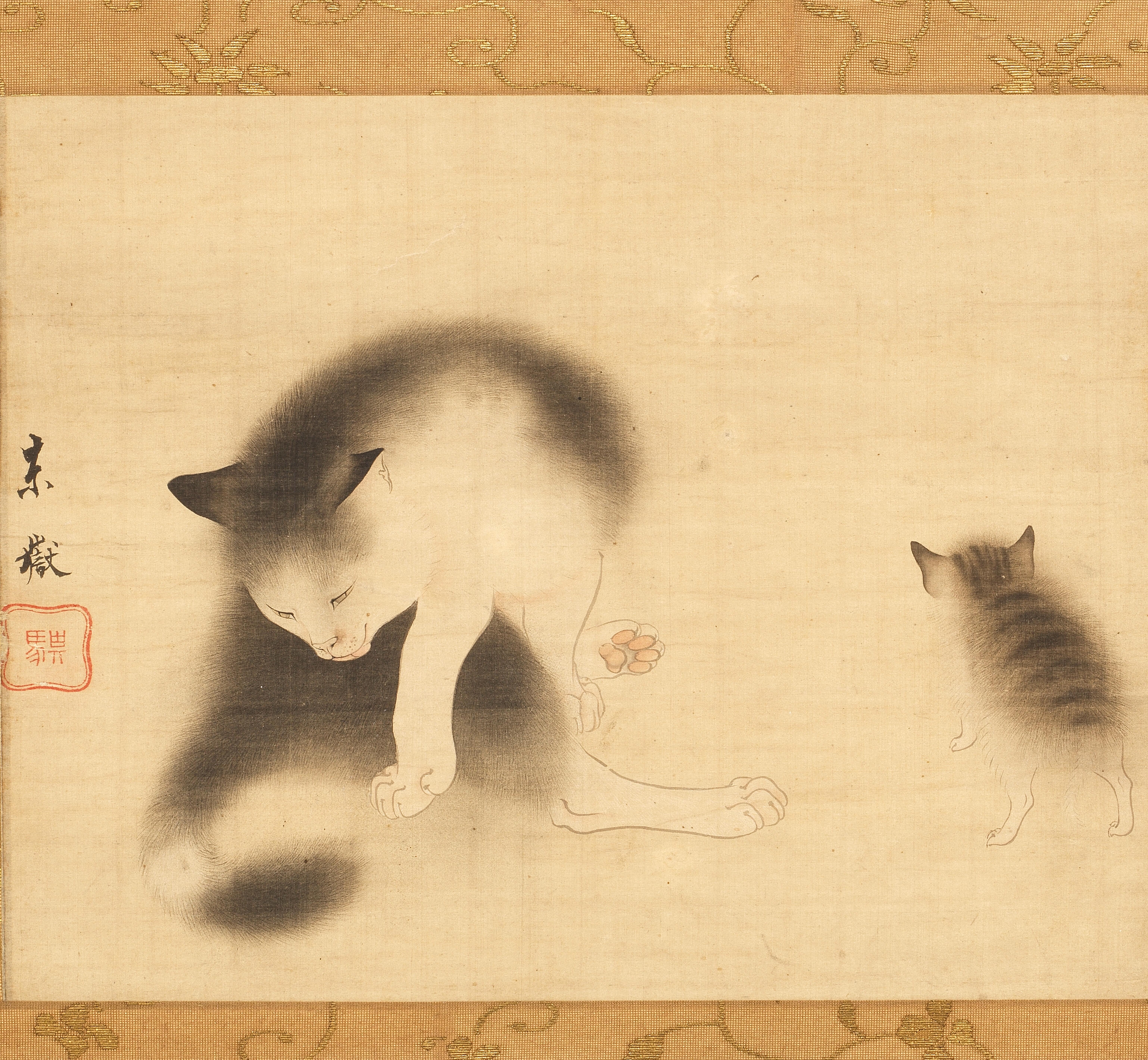 Artwork by Yasuda Denki, Cat and Kitten, Made of Kakejiku (hanging scroll), ink and slight colours on silk in silk mounts