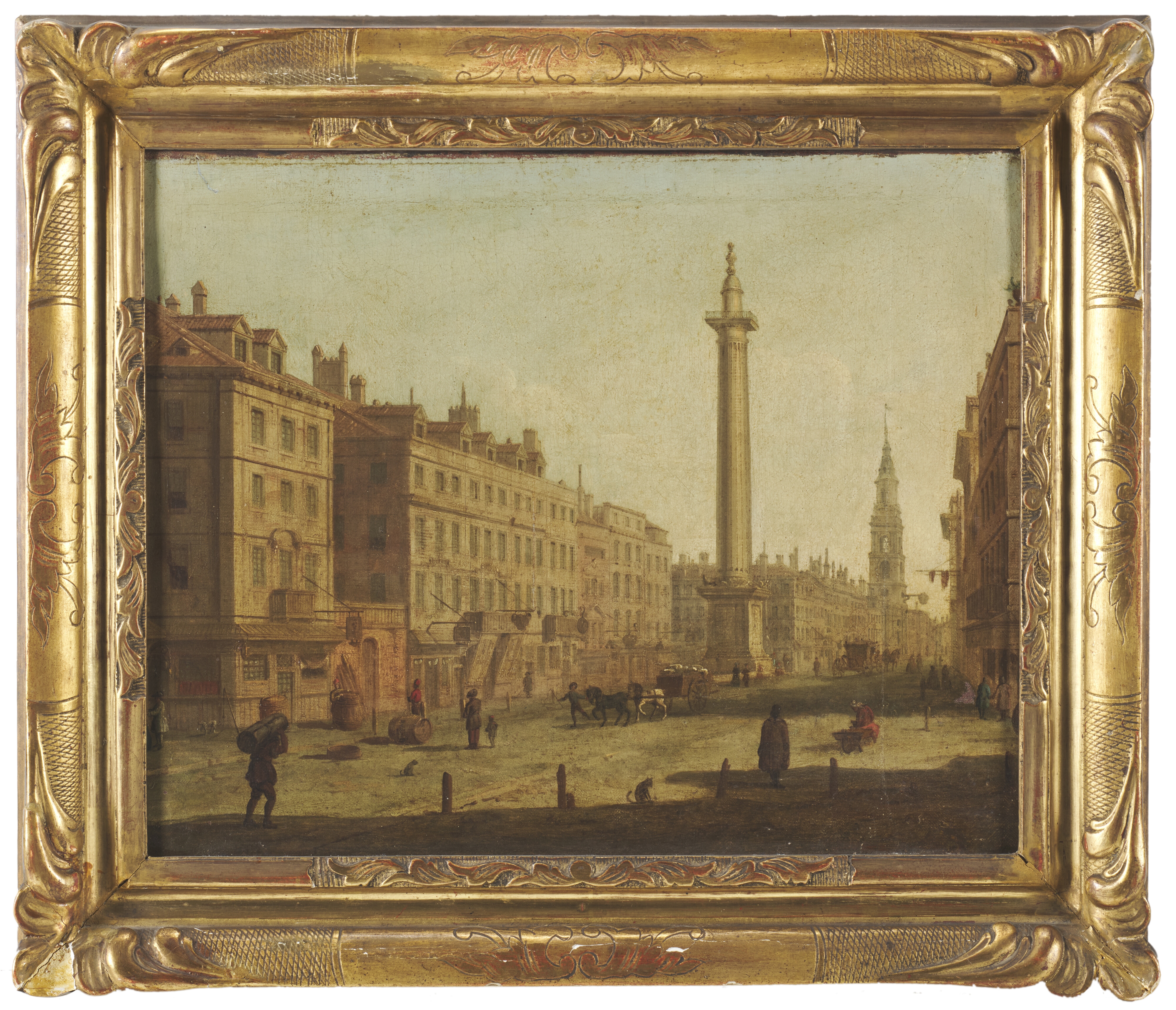 Artwork by Canaletto, View of the Monument from Gracechurch Street towards Fish Street Hill and the old London Bridge, London, Made of oil on canvas