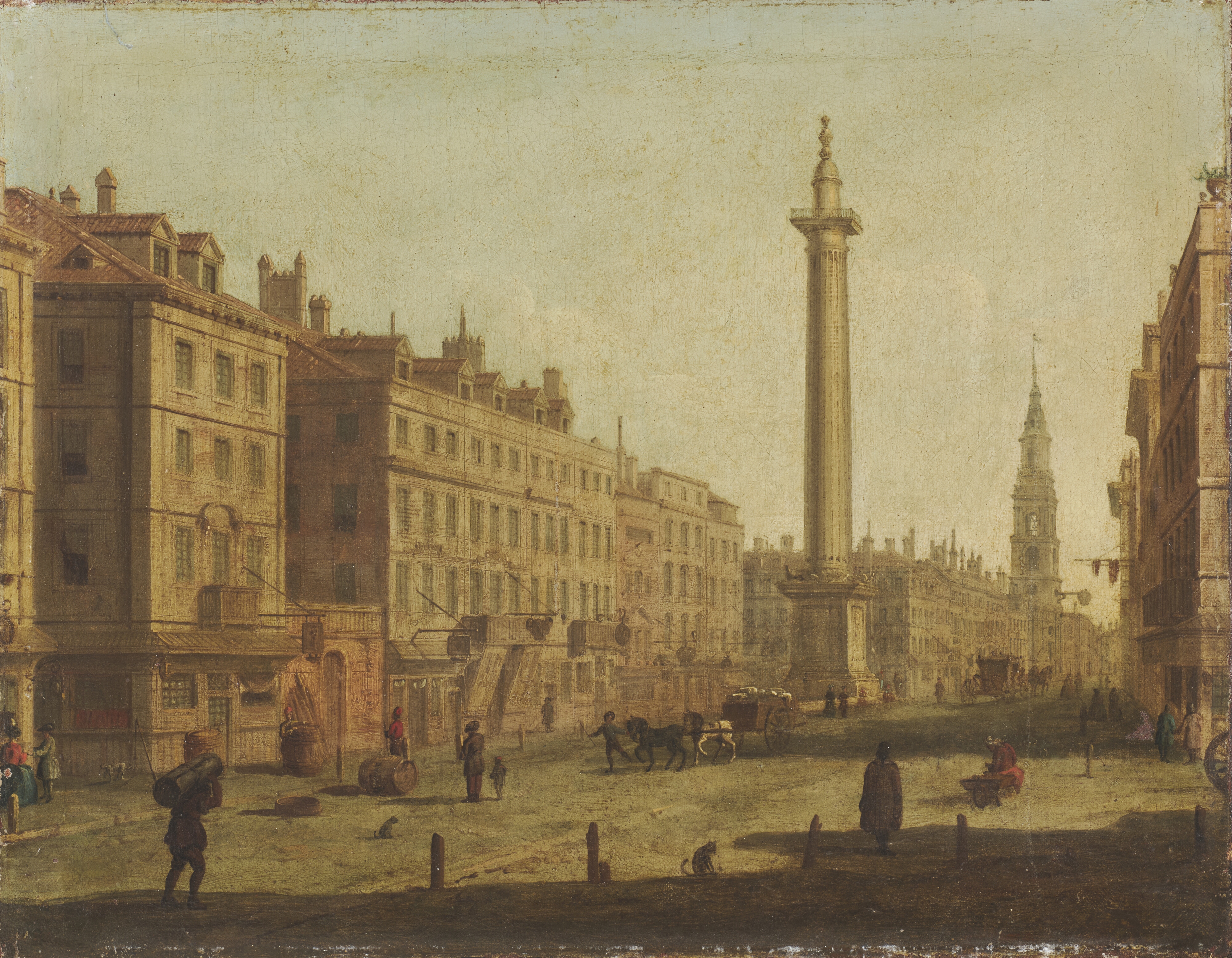 Artwork by Canaletto, View of the Monument from Gracechurch Street towards Fish Street Hill and the old London Bridge, London, Made of oil on canvas