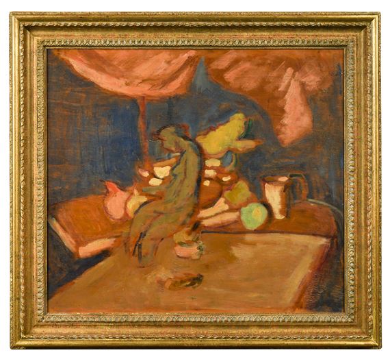 A study for a still life of fruit and jugs with a clay female figure on a table beneath a curtain - Matthew Arnold Bracy Smith