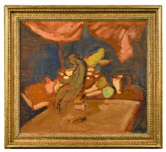 A study for a still life of fruit and jugs with a clay female figure on a table beneath a curtain - Matthew Arnold Bracy Smith