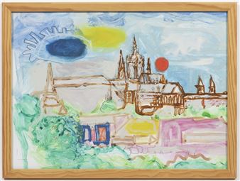 A painting of a city with a sun in the sky.