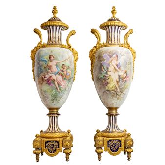 A fine and impressive pair of Sevres style porcelain gilt bronze mounted covered urns - Charles Labarre