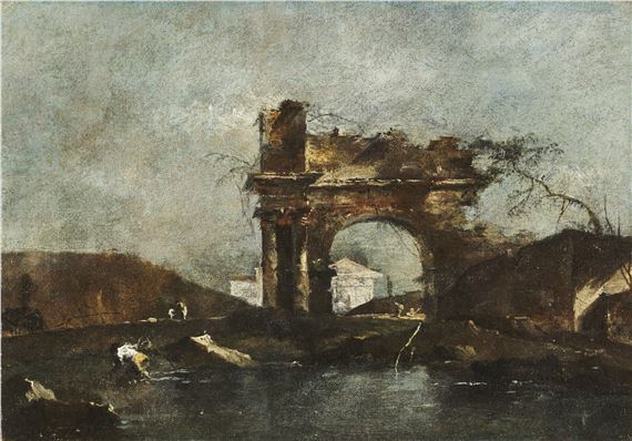 Capriccio with arch, characters and classical temple - Francesco Guardi