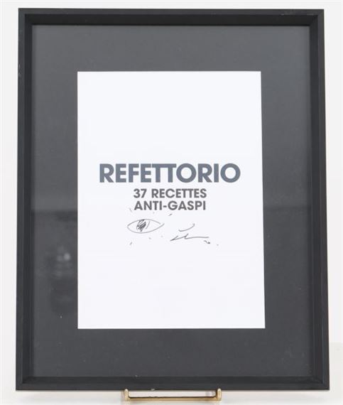 Drawing of an eye on a "Refettorio - 37 Recettes Anti-Gaspi" poster, yet signed - JR