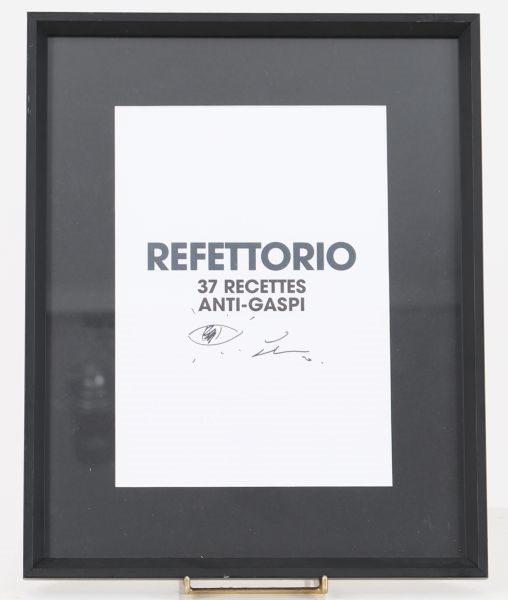 Artwork by JR, Drawing of an eye on a "Refettorio - 37 Recettes Anti-Gaspi" poster, yet signed, Made of Poster