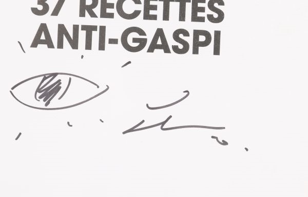 Artwork by JR, Drawing of an eye on a "Refettorio - 37 Recettes Anti-Gaspi" poster, yet signed, Made of Poster