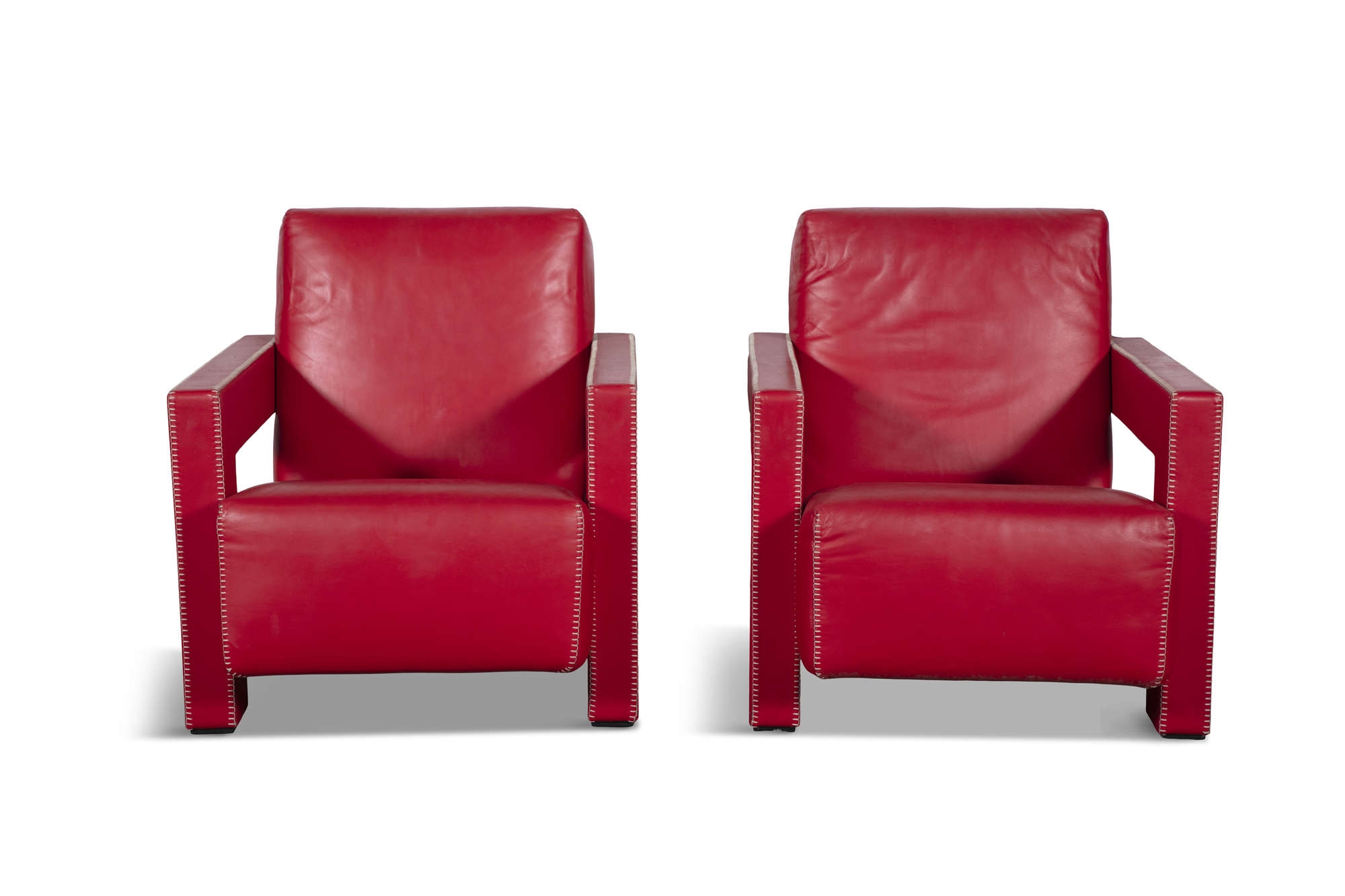 Artwork by Gerrit Rietveld, A pair of red leather Utrecht armchairs, Made of Leather
