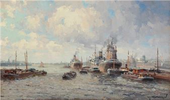 Hafenszene mit Dampern und Schleppern - Gerardus Johannes Delfgaauw