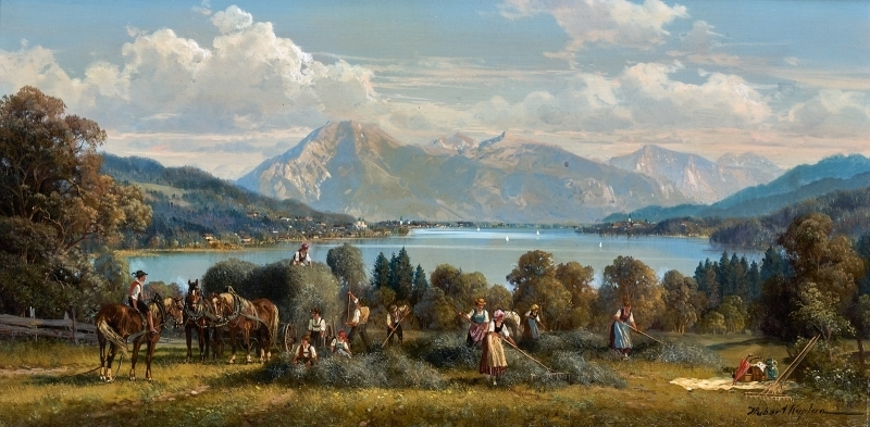 Artwork by Hubert Kaplan, Heuernte am Chiemsee, Made of oil on wood