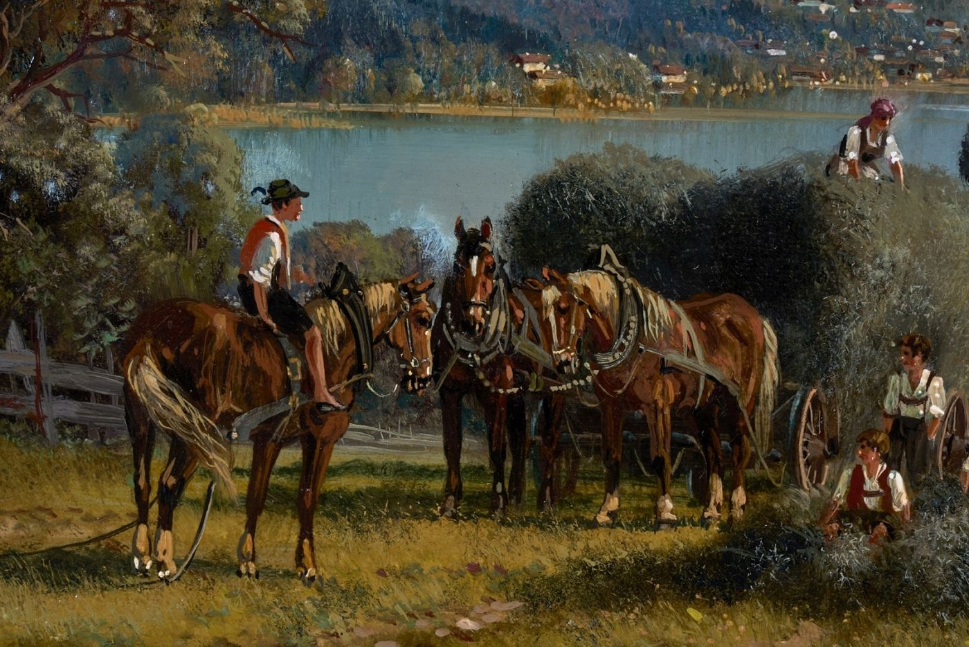 Artwork by Hubert Kaplan, Heuernte am Chiemsee, Made of oil on wood