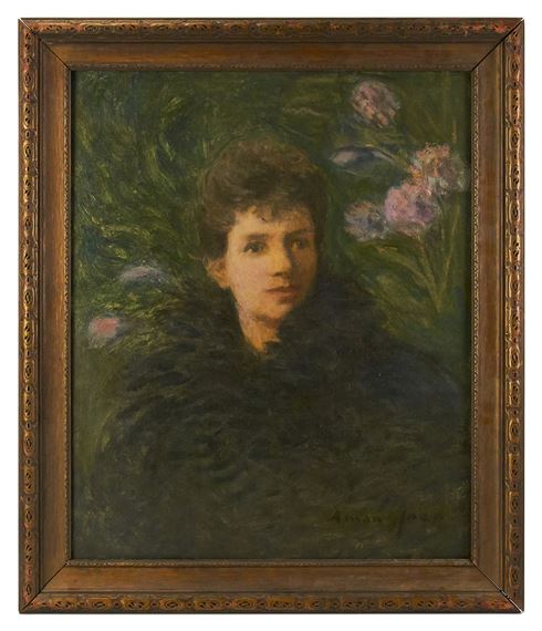 A portrait of a person with short dark hair, wearing a dark fur-like garment, set against a green background with pink flowers.