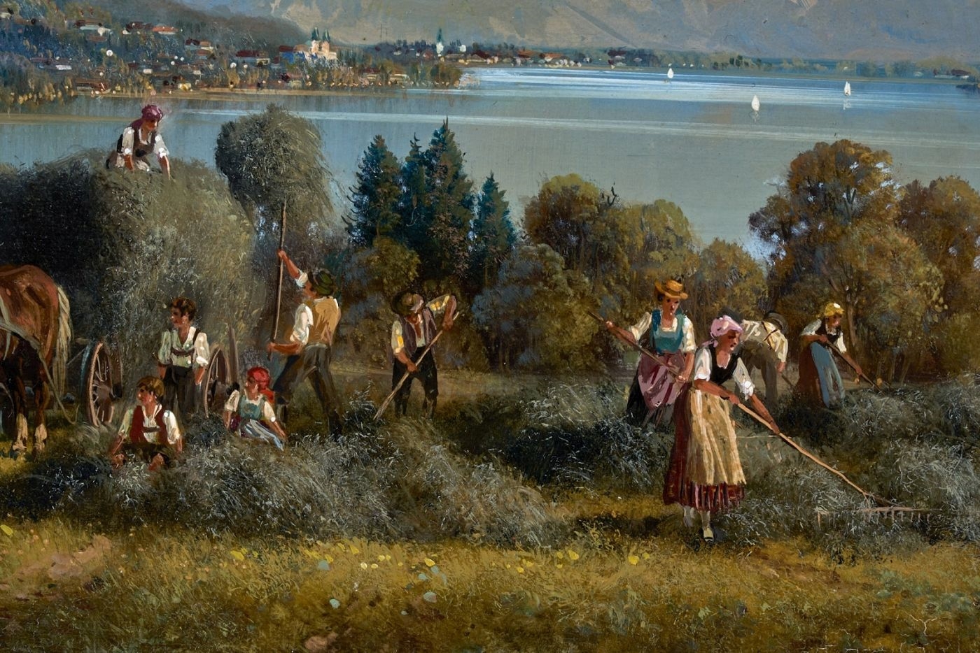 Artwork by Hubert Kaplan, Heuernte am Chiemsee, Made of oil on wood