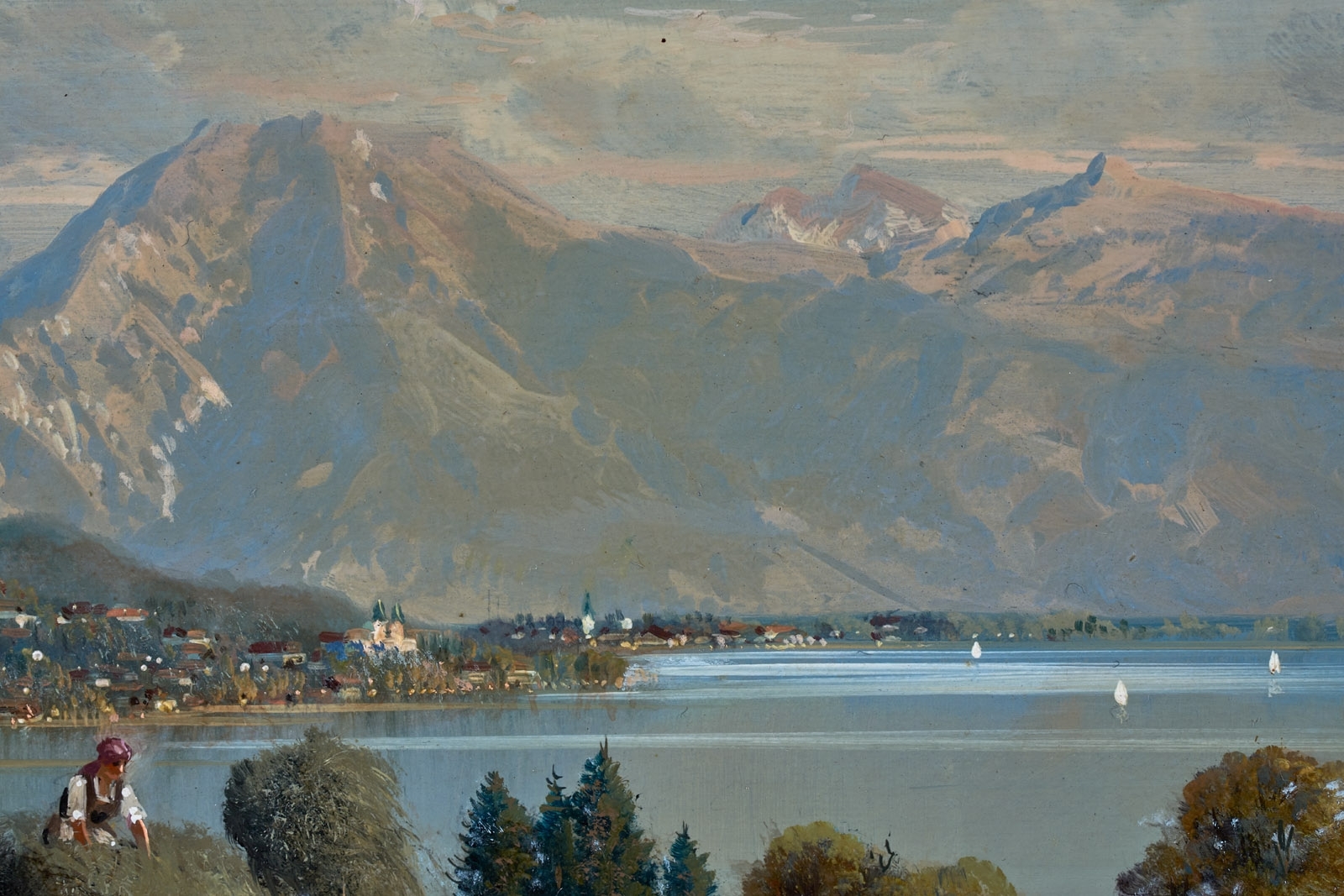 Artwork by Hubert Kaplan, Heuernte am Chiemsee, Made of oil on wood