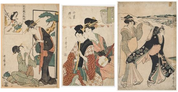 Dame mit knieender Dienerin; Liebespaar beim Musizieren; von einem Triptychon: Junge Frau m. Hagoita-SchlÃ¤ger - Kitagawa Utamaro