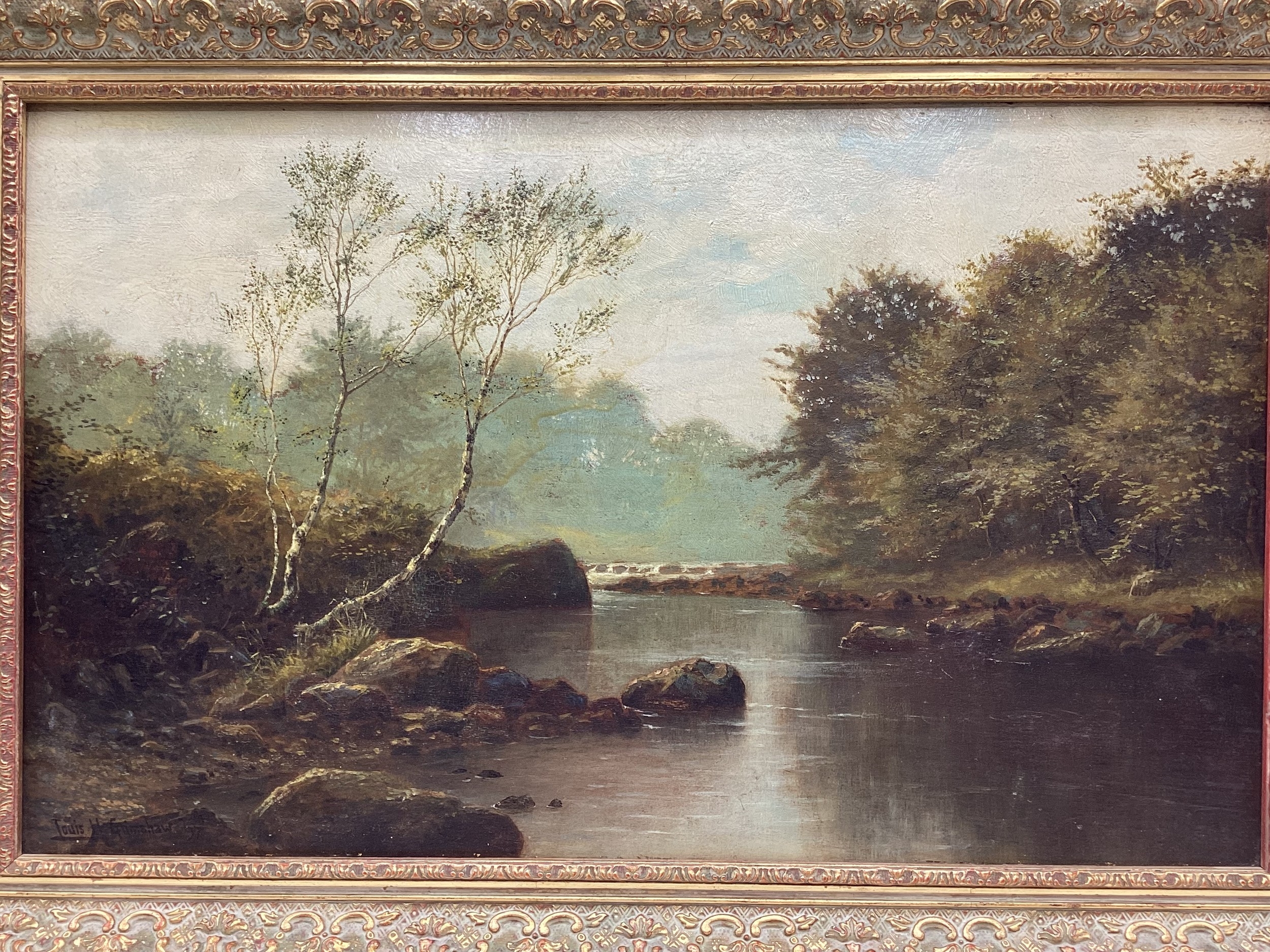 Artwork by Louis Hubbard Grimshaw, river scene, Made of Oil On Board