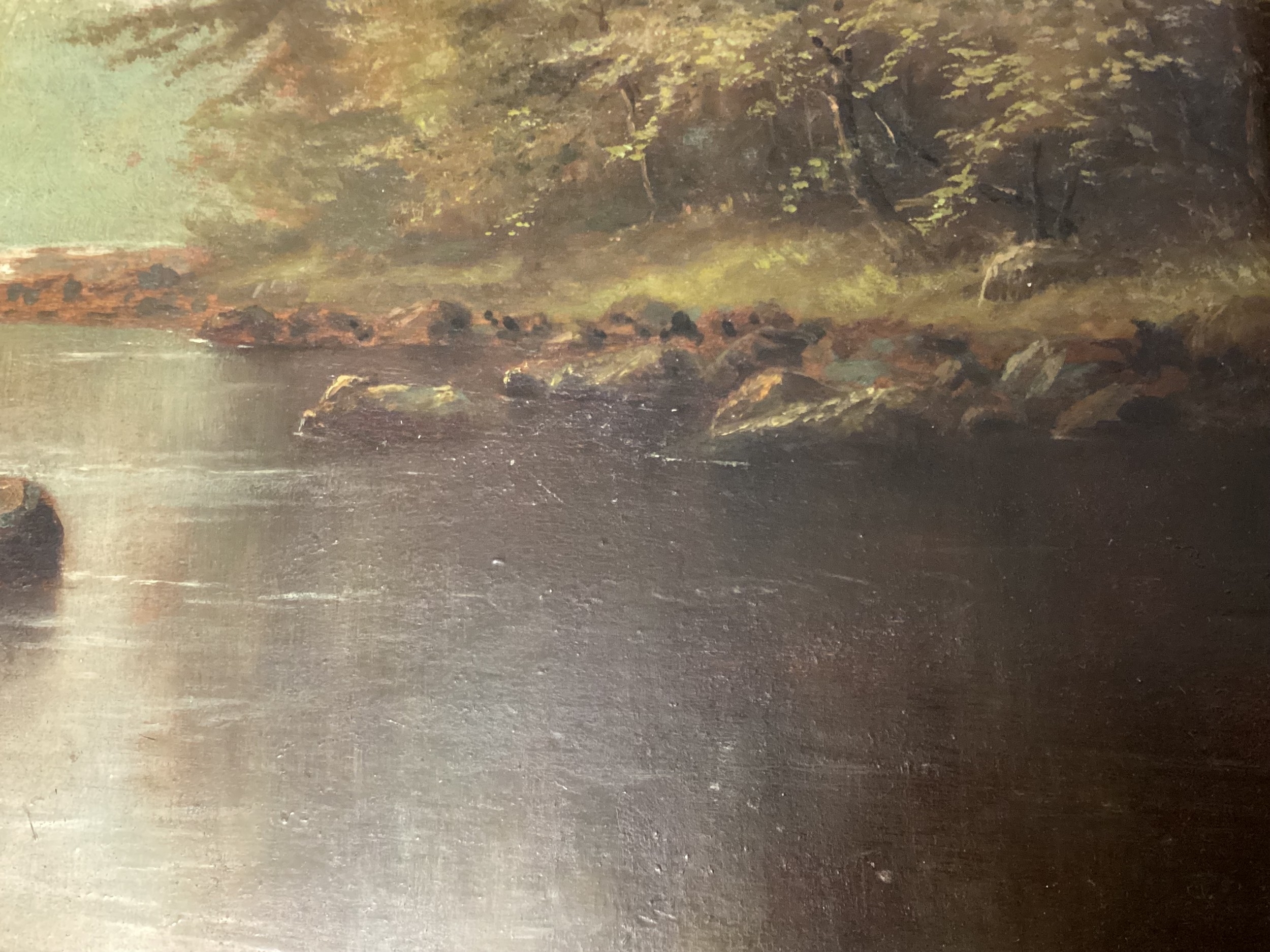 Artwork by Louis Hubbard Grimshaw, river scene, Made of Oil On Board