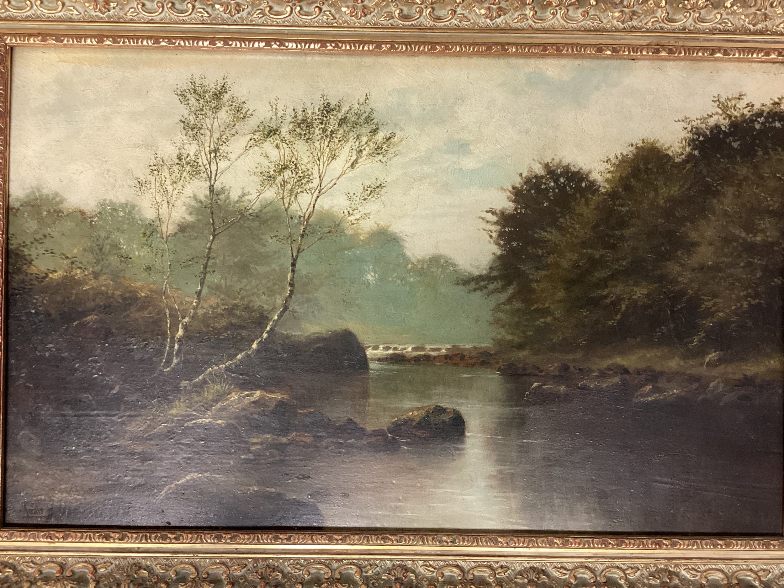 Artwork by Louis Hubbard Grimshaw, river scene, Made of Oil On Board