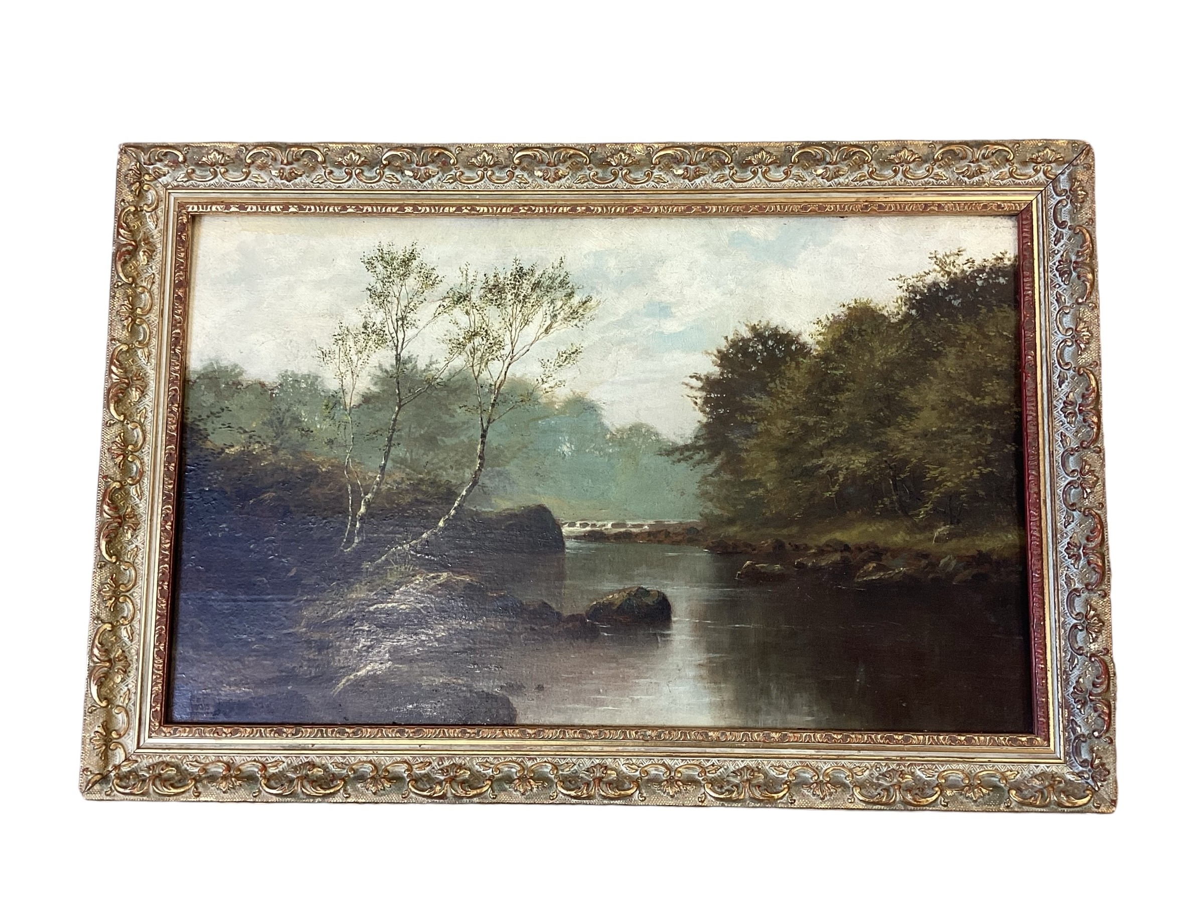 Artwork by Louis Hubbard Grimshaw, river scene, Made of Oil On Board