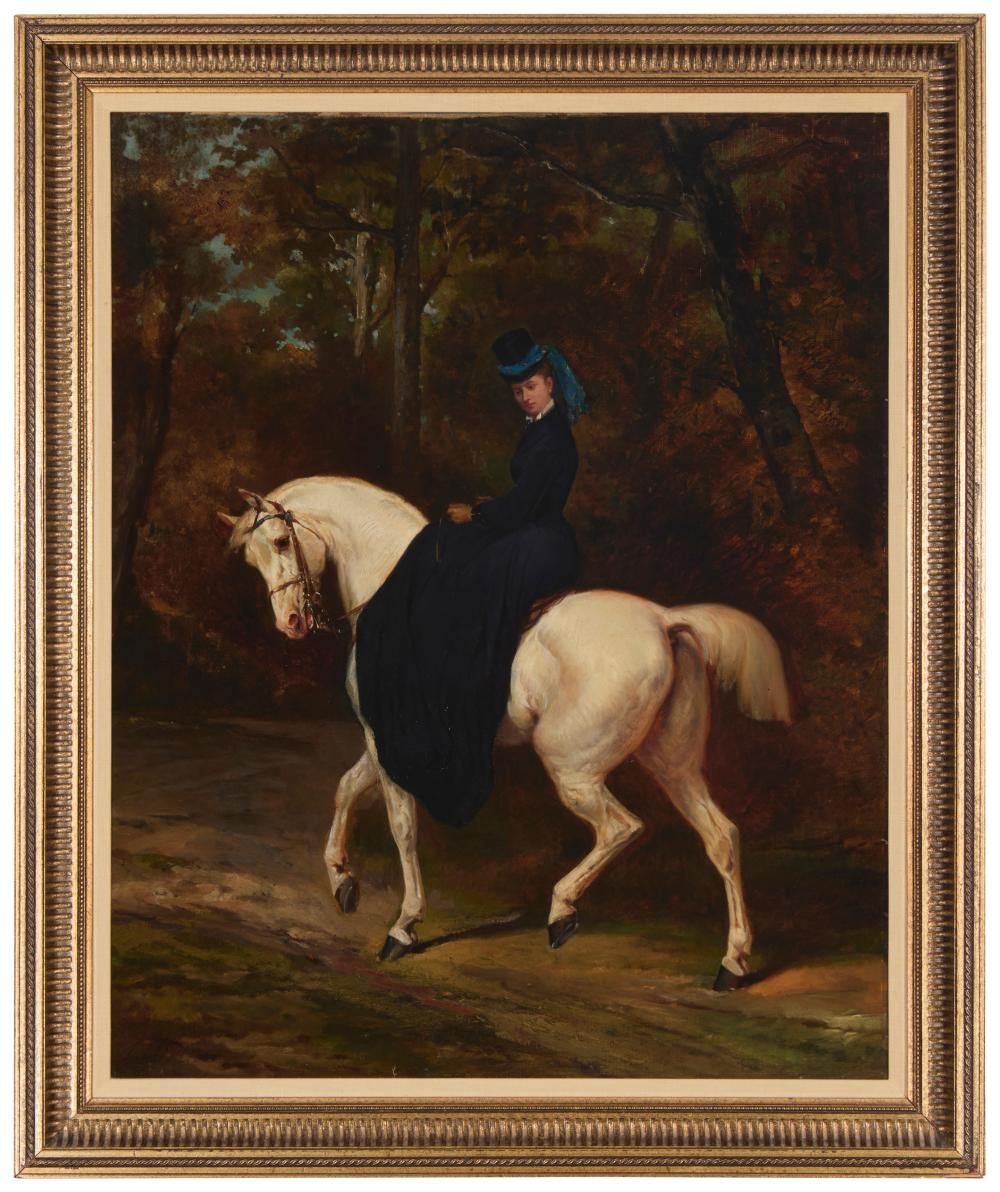 Artwork by Continental School, 19th Century, Woman on horseback, Made of Oil On Canvas Laid To Waxed Canvas