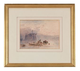HULKS AT ANCHOR; A BREEZY DAY WITH FISHERFOLK ON THE FORESHORE - William Cook of Plymouth