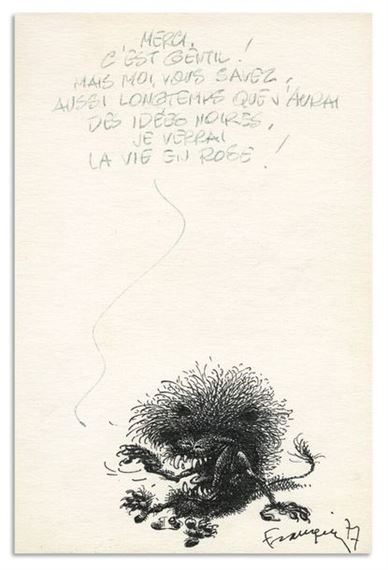 Original illustration, dedication in homage to Idées Noires by André Franquin, 1977